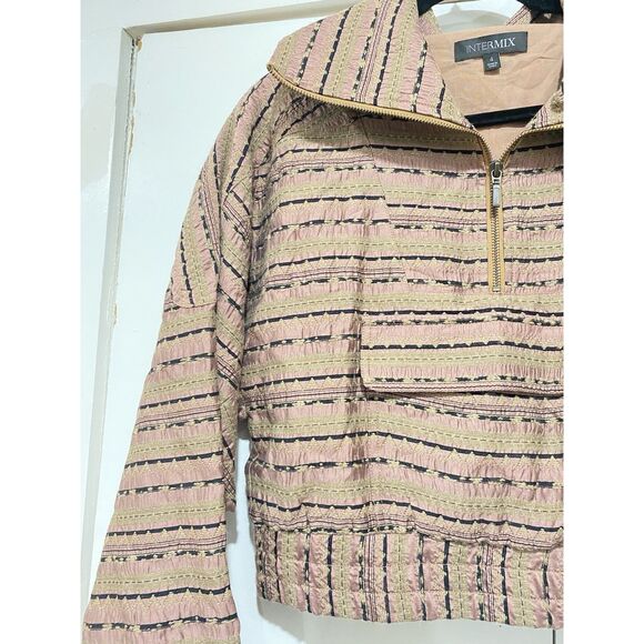 Intermix Top Silk Womens Sz 4 Long Sleeves Crop 1/2 Zip Pink Brown Geometric - Picture 9 of 16
